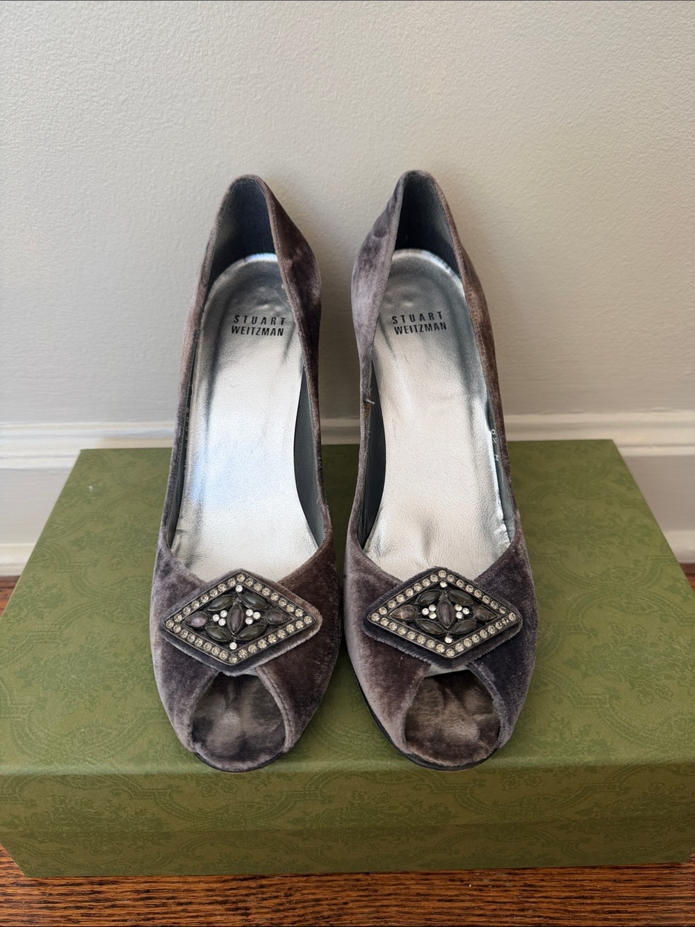 Stuart Weitzman Gray Velvet Peep-Toe Heels with Jeweled Accent